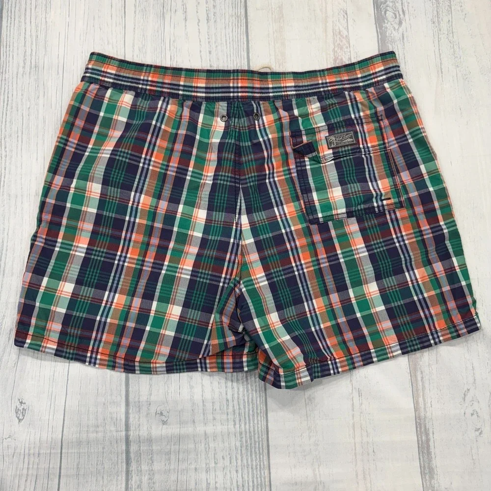 VTG Polo Ralph Lauren Bathing Suit L Swim Trunks Blue Green Plaid Mesh Mens Pony